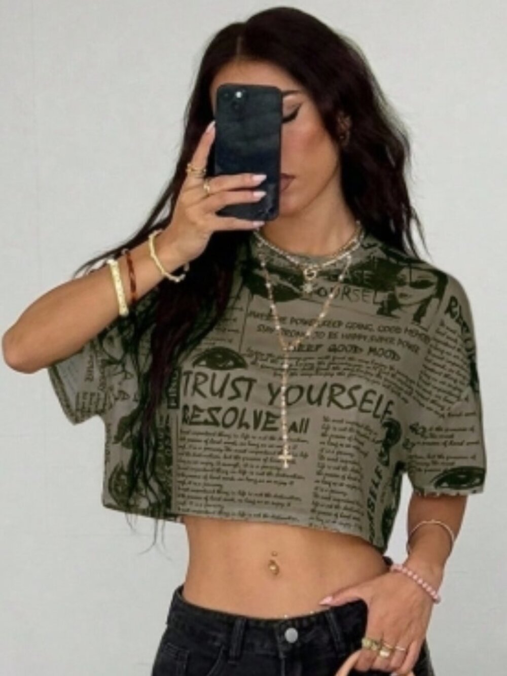 Coolane Newspaper Print Round Neck Casual Mesh Short Sleeve Top